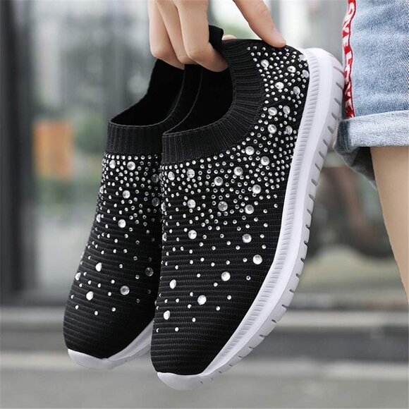 Women's Mesh Walking Shoes Rhinestone Glitter Slip On Ballroom Sneakers Black - Picture 4 of 6